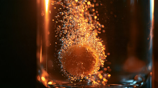 Effervescent Vitamin Tablet Dissolving with Bubbles in Glass