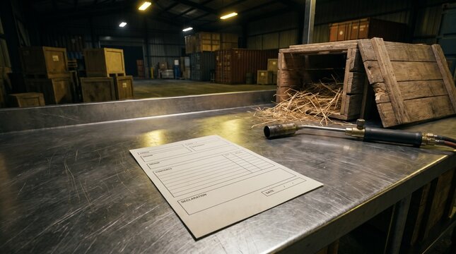 Blank customs declaration form on steel table in warehouse