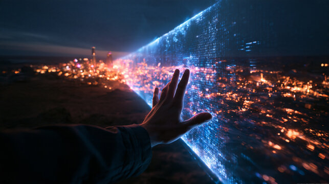 Hand Touching Futuristic Digital Data Interface Over Night City
