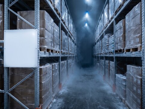 Blank panel on rack in foggy cold storage warehouse aisle