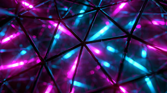 Abstract Technology Wireframe Network with Glowing Neon Lights