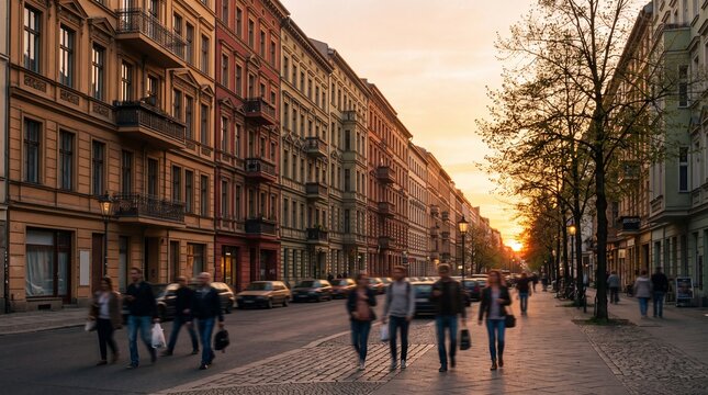 People Walking on City Street at Sunset with Historic Buildings