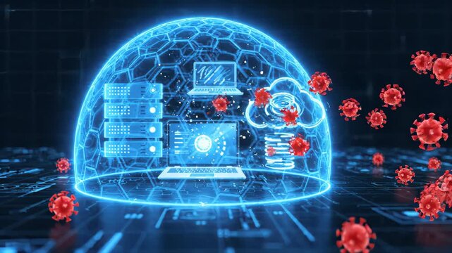 glowing digital shield protecting server hardware and cloud storage icons from red virus cells on dark technological background representing cybersecurity and data defense against infections