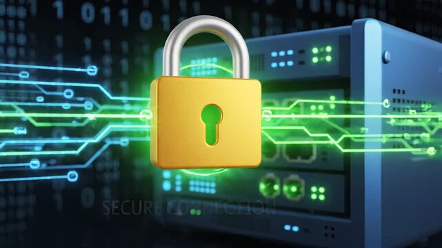 unlocked padlock positioned in front of computer server rack with glowing digital data streams flowing in the background representing potential security breach in data center environment