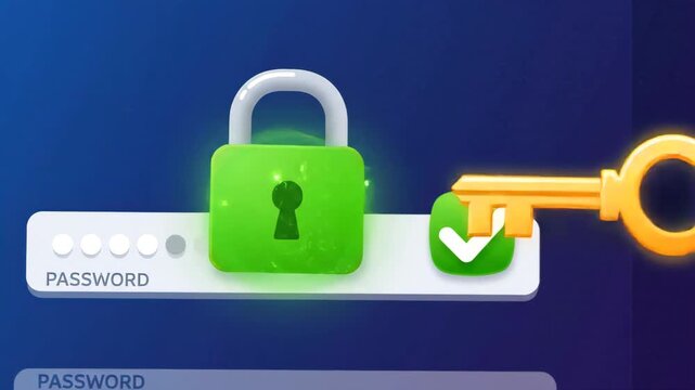 golden key unlocking padlock icon placed over digital login password field on dark blue glowing abstract technological background