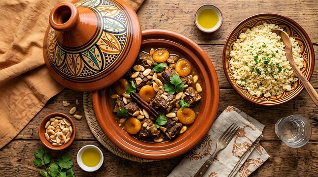 Warm Moroccan Tagine with Apricots and Nuts in Rustic Pot