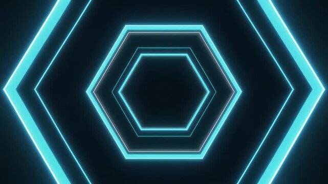 Glowing blue neon hexagon futuristic tunnel abstract background with tech design