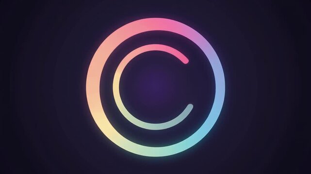 Glowing neon copyright symbol with vibrant multicolored gradient rings against a dark background