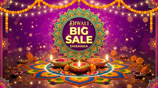 Diwali big sale dhamaka banner with traditional lamps and marigold flowers