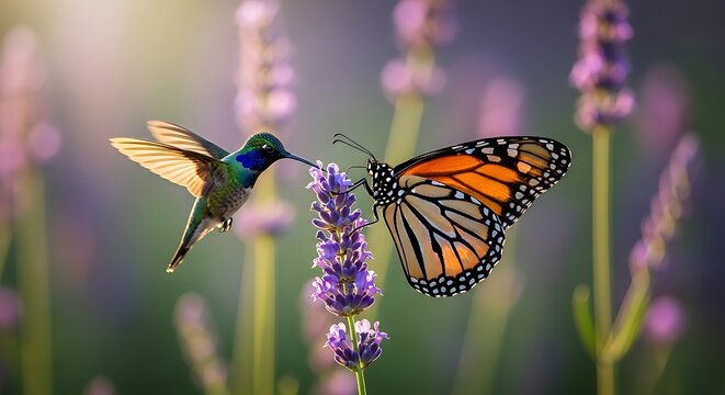 Hummingbird and monarch butterfly meeting at a blooming lavender flower