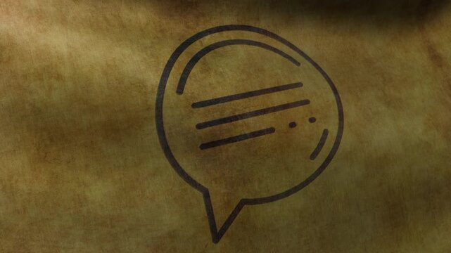 Close-up of a speech bubble icon on a weathered flag waving in the wind