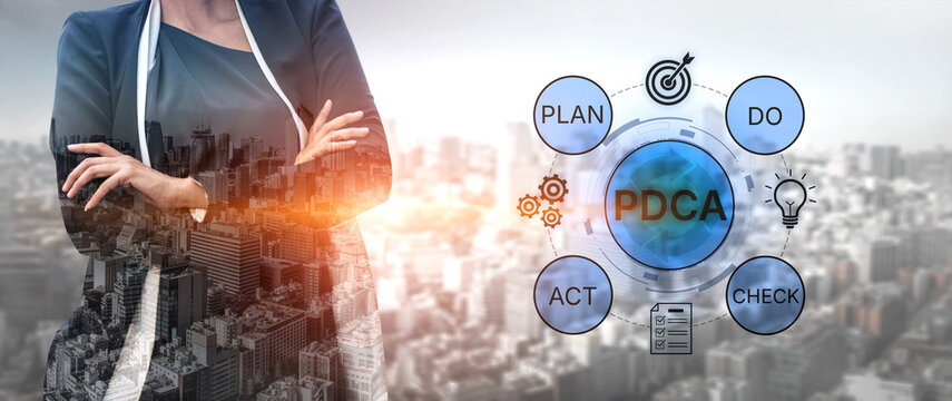 Professional Woman Overlooking Cityscape with PDCA Cycle Framework for Process Improvement in Business Management and Strategic Planning. Bitwise.