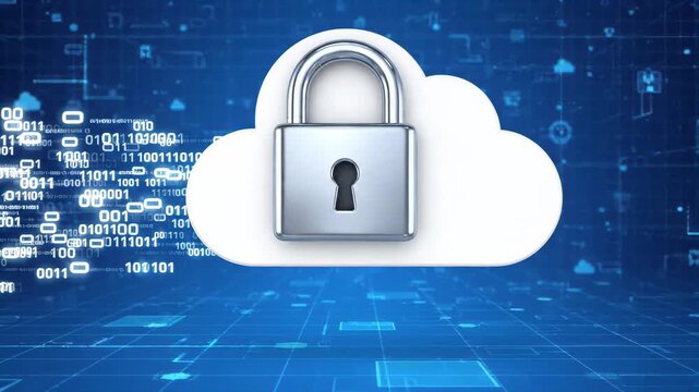 open padlock icon centered on white cloud shape positioned over digital network background filled with streaming binary code and glowing data information pathways in virtual environment