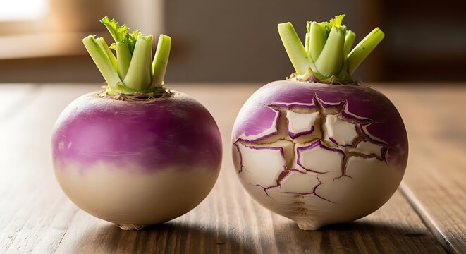 Two fresh turnips on a wooden table one with a cracked skin surface, vegetables