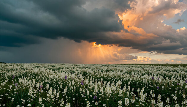 Wide field of white flowers under dark thunderclouds edged with warm sunset light