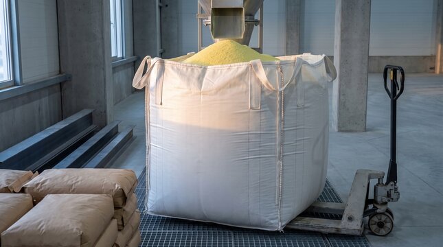 Sulfur granules filling a bulk bag in an industrial facility