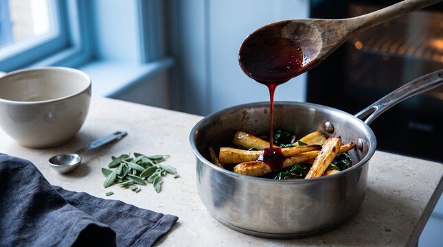 Dark red sauce drizzling over roasted root vegetables in saucepan