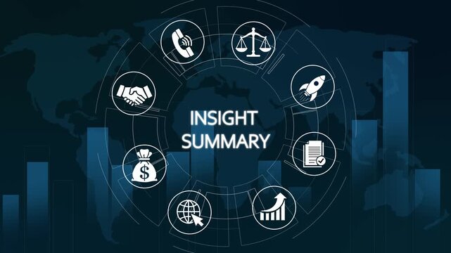 Global business insight summary infographic with animated data charts and corporate icons for financial strategy and market analysis