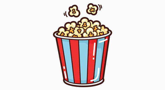 Colorful striped bucket full of popcorn, isolated on transparent background, concept for movie night, cinema advertising and snack promotions.