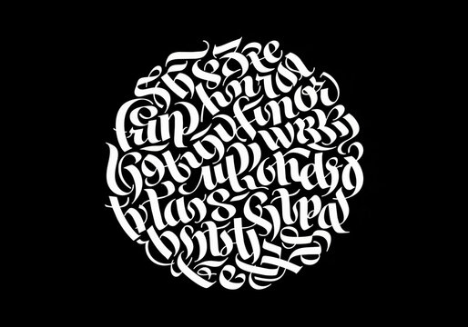 Intricate white calligraphy lettering forming a circle, isolated on transparent alpha background, perfect for graphic design elements, branding and artistic backgrounds.