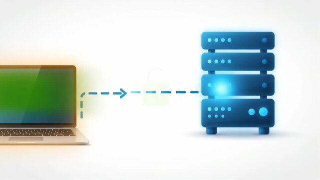 laptop connecting to secure server with an unlocked padlock icon in the center illustrated against clean white background symbolizing data protection and digital information access
