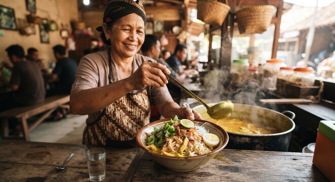 Smiling Indonesian female vendor serving a bowl of traditional warm chicken noodle soup (soto ayam) at a local rustic stall.