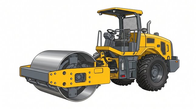Yellow road roller vector illustration, heavy construction machinery compactor isolated on white background