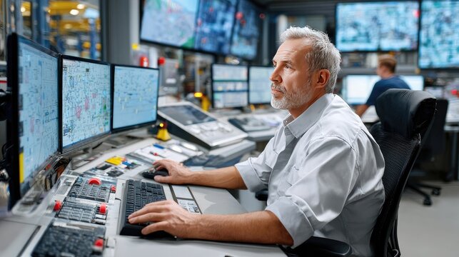 Control Room Operator Monitoring Systems: An experienced male operator intently watches multiple screens displaying complex data and surveillance feeds in a modern control room.