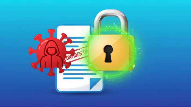closed padlock secures confidential document floating against vibrant blue background with red abstract shape representing virus or bacteria concept on the left side