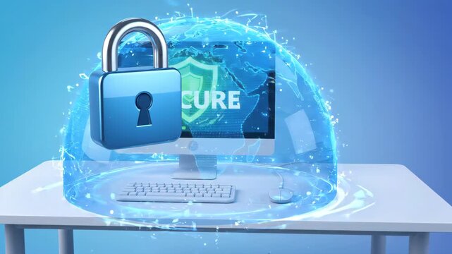 floating metal padlock representing cyber protection above computer monitor on desk with digital shield and security graphic displayed on the screen against solid blue background