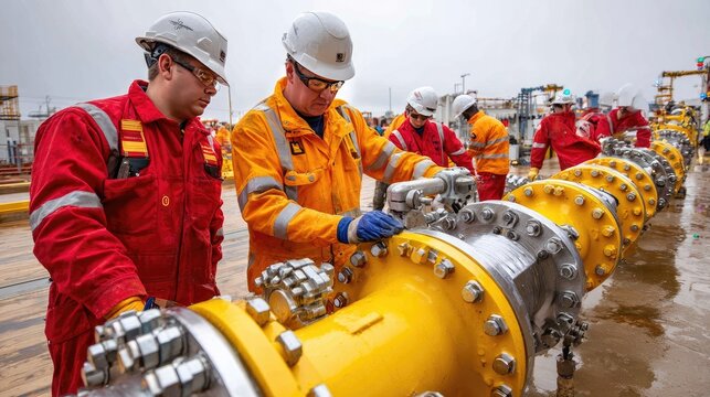 Industrial Pipeline Maintenance: Two engineers in hard hats and safety vests meticulously inspect a large industrial pipeline, ensuring its optimal functioning and safety in a working environment.