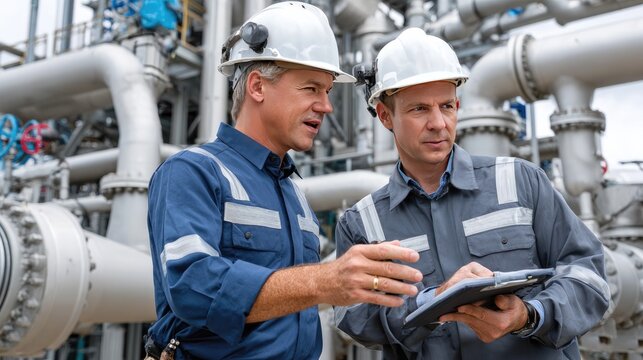 Industrial Collaboration: Two seasoned engineers in hard hats and safety vests discuss plans on a clipboard amidst the complex machinery of an industrial plant.