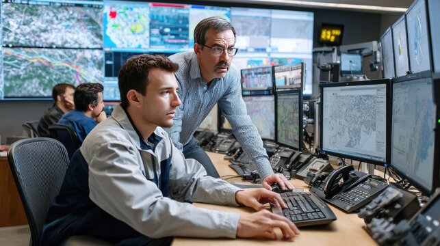 Monitoring Operations: Two male professionals intensely focus on multiple computer screens displaying complex data and maps within a modern control room, illustrating teamwork and technical oversight.