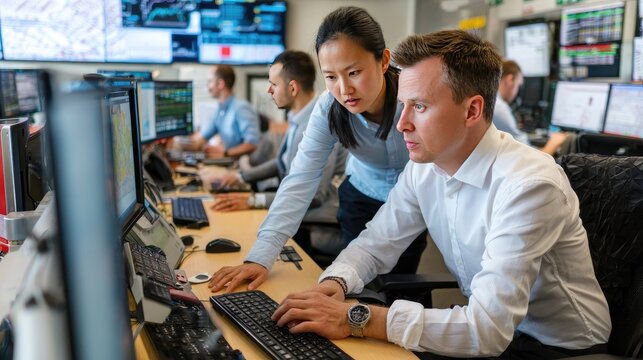Colleagues Collaborate in Control Room: A focused team works together in a modern control room, with monitors displaying complex data, emphasizing teamwork and technological advancement.
