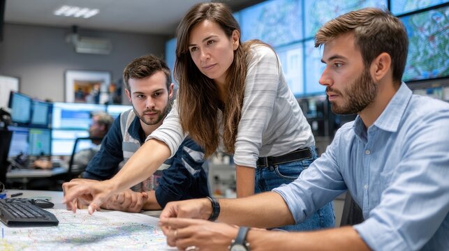Teamwork in action: A focused team works collaboratively, pointing at a map spread across a table, with screens displaying data in the background.