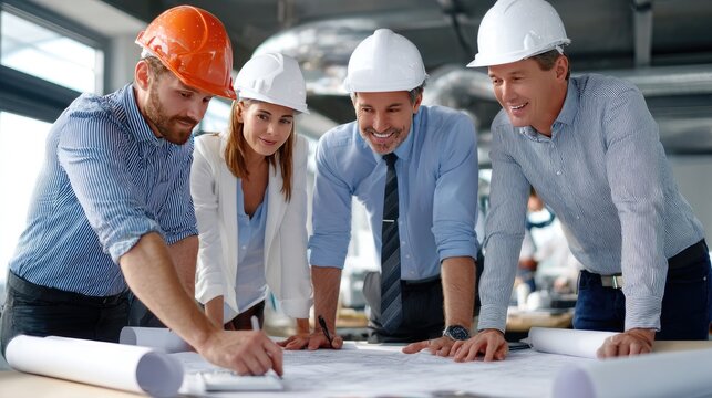 Architectural Blueprint Discussion: A diverse group of architects and engineers wearing hard hats huddle around a blueprint, collaborating on a construction project.