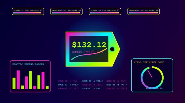A sequence showing dynamic pricing metrics updating as financial trends fluctuate on a dark glowing interface board featuring neon charts and shifting digital tag values
