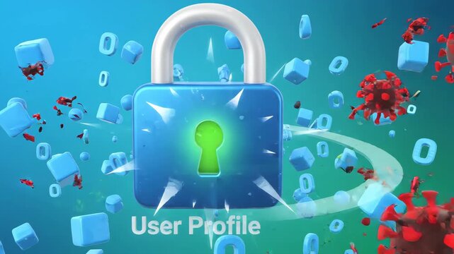 3D user profile icon locked by digital padlock surrounded by red virus particles and floating blue binary code against blurred digital background representing global health security risks