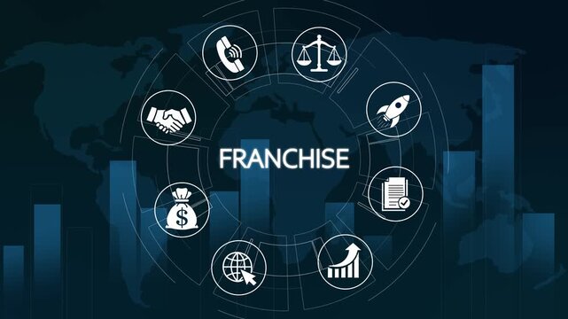 Franchise business concept infographic with global network icons and financial growth charts