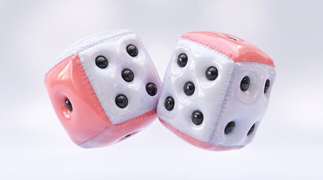 Inflatable dice with pink edging rest against a light gray background