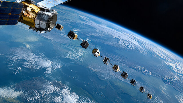 Multiple Nanosatellites Deploying from Spacecraft in Linear Formation, Small CubeSats Launching into Low Earth Orbit Above Blue Ocean Water
