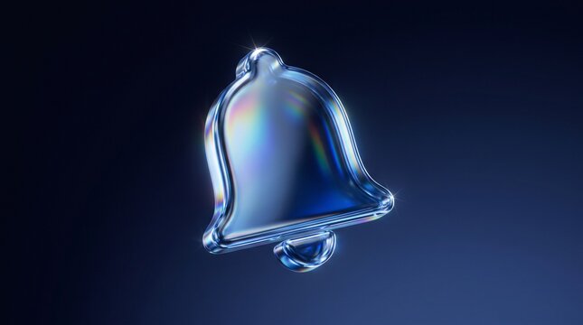 A glossy blue bell icon features iridescent highlights and a reflective surface