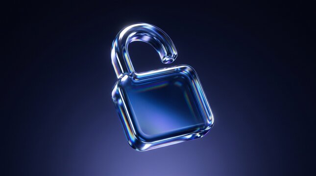 Glossy chrome blue padlock icon floats against a dark background