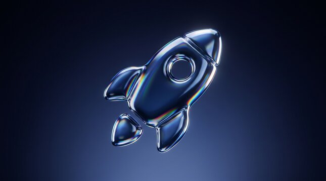 Chrome blue rocket icon floats against a dark gradient background