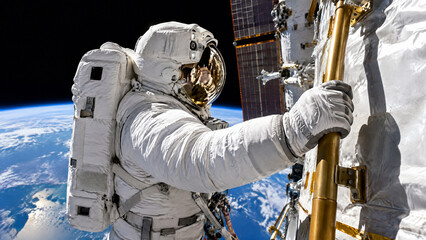 Fototapeta premium Astronaut Performing Spacewalk Maintenance Outside Space Station, Extravehicular Activity in Orbit Above Curved Blue Earth Planet Horizon 