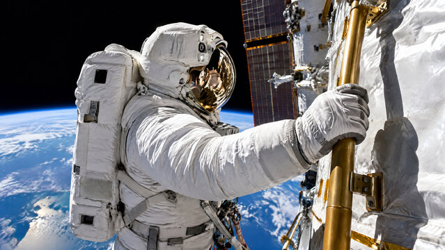 Astronaut Performing Spacewalk Maintenance Outside Space Station, Extravehicular Activity in Orbit Above Curved Blue Earth Planet Horizon
