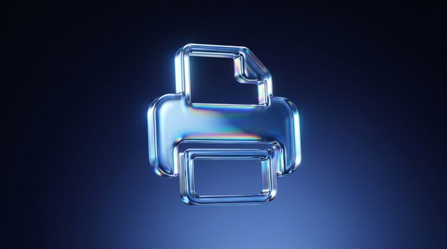 Glass printer icon with iridescent reflections against a dark background