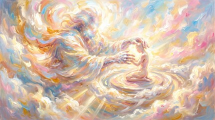 Fototapeta premium Divine creation of man by God depicted in a vibrant oil painting with swirling celestial clouds and light