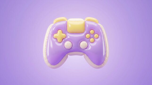 Lilac video game joystick with yellow buttons a 3d rendering