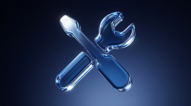 A crossed wrench and screwdriver are rendered in a glossy blue 3d style